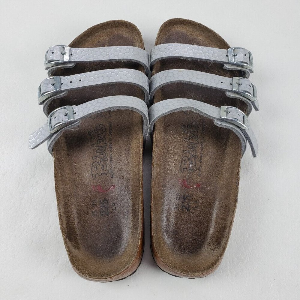 Birkis Birkenstock Metallic Sandals Silver Womens 4-4.5 35 Leather Strappy Slide - Picture 8 of 11